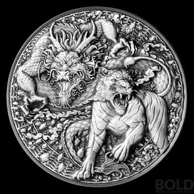 2022 Tokelau Auspicious Dragon Zodiac Pairings: Chinese Dragon & Tiger 2 oz Silver Antiqued HR