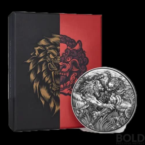 2022 Tokelau African Lion vs Chinese Guardian Lion 2 oz Silver Antiqued