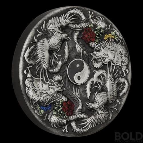 2021 Tuvalu Double Dragon Double Phoenix Colored Antique 2 oz Silver