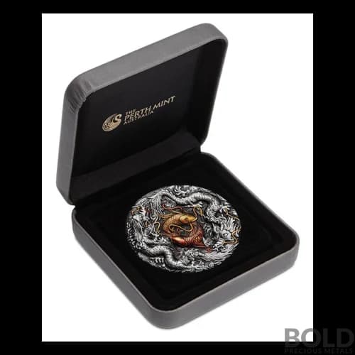 2021 Tuvalu Double Dragon Yin Yang Koi Color Antique 2 oz Silver