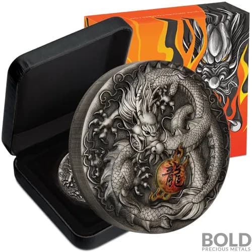 2019 Tuvalu Dragon Antiqued Colored Proof 5 oz Silver