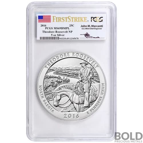 2016 Silver 5 oz ATB Theodore Roosevelt NP First Strike PCGS MS69 DMPL (Mercanti)