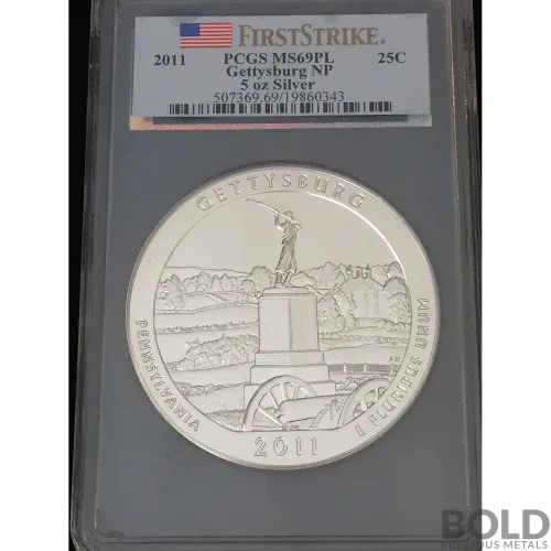 2011 Silver 5 oz ATB Gettysburg NP First Strike PCGS MS69 PL
