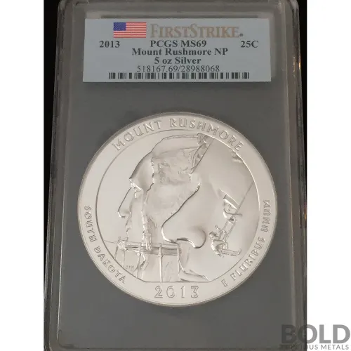 2013 Silver 5 oz ATB Mount Rushmore NP First Strike PCGS MS69