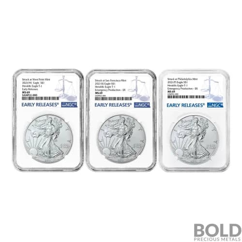 2021 American Silver Eagle (T-1) 3-Coin Set: NGC MS69 ER W-P-S