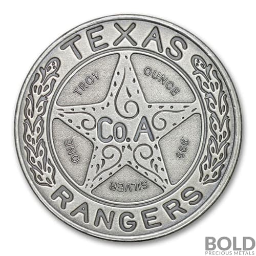 Intaglio Texas Ranger Badge Silver Antiqued Round - 1 oz