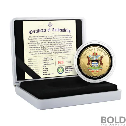 2022 Gold 1 oz Antigua & Barbuda Coat of Arms Coin Proof (Colored)