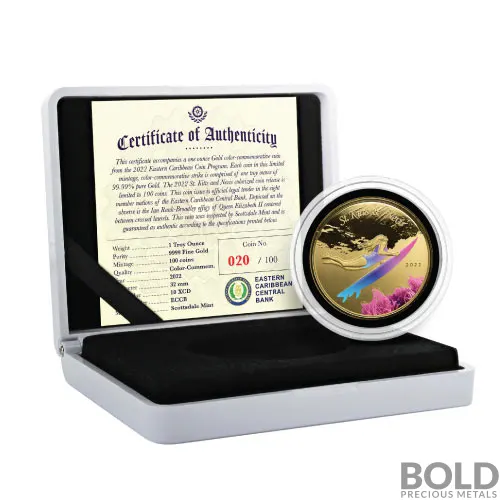 2022 Gold 1 oz St Kitts & Nevis Underwater Surfer Coin Proof (Colored)
