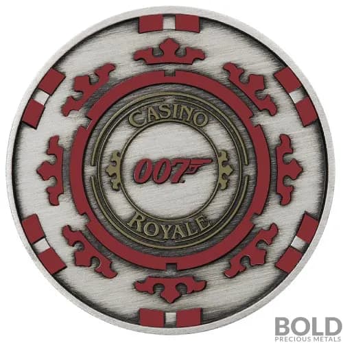 2023 Silver 1 oz Tuvalu James Bond Casino Royale Chip Colored Antiqued